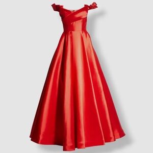 Jovani Women’s Red Satin Off-Shoulder Ruched-Sleeve Gown Dress